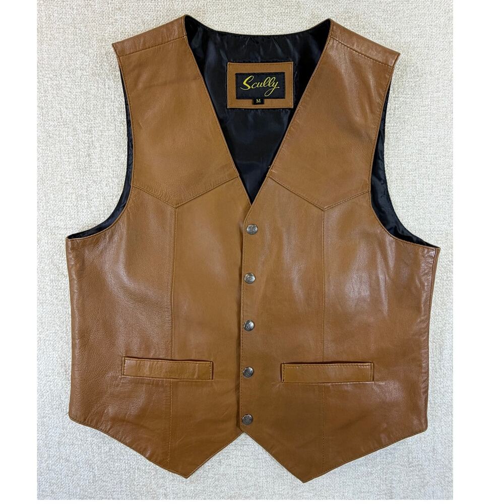 Scully Mens Medium Tan Genuine Leather Button Front Western Cowboy Vest Casual